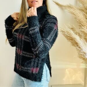 ANTHROPOLOGIE SANCTUARY Black White Red Plaid Eyelash Knit Turtleneck Sweater S